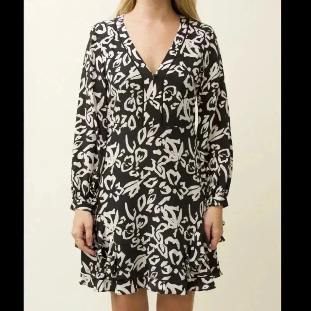 Tanya Taylor Sadie black white silk printed mini dress